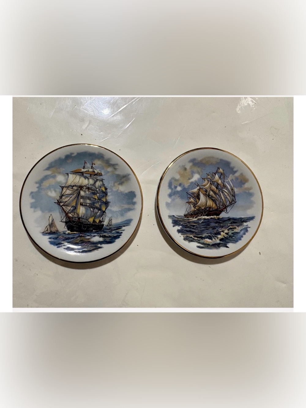 Nautical 4.5’ Decorative Porcelain Vintage Lot Of 2 Plates Tall Ships